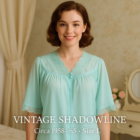 VINTAGE SHADOWLINE Bed Jacket Pastel Aqua Blue Nylon Lace Embroidery Large USA